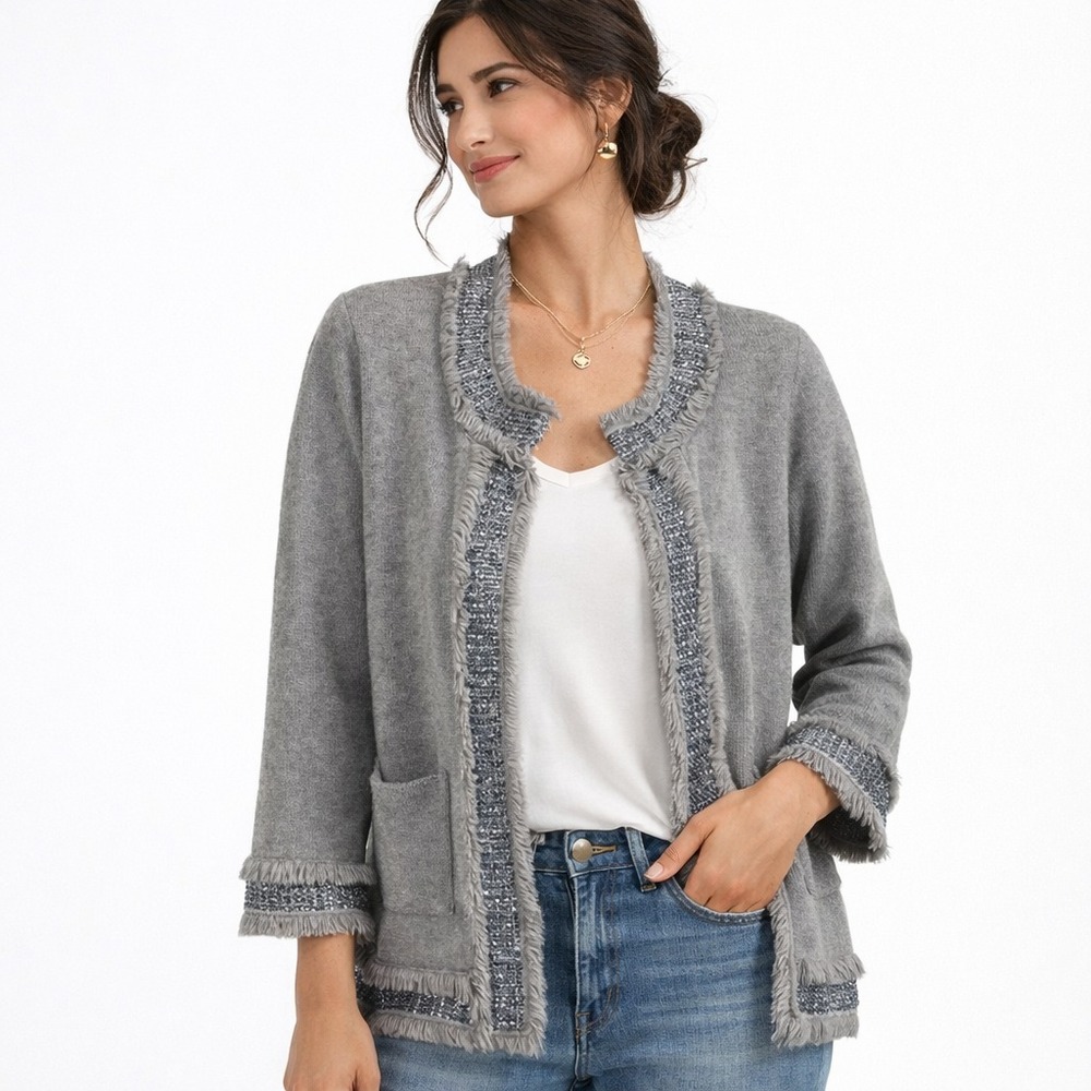 Sofia Cashmere Cardigan Gray Fringe Trim 100 Cashmere Boho Luxe Womens L‎